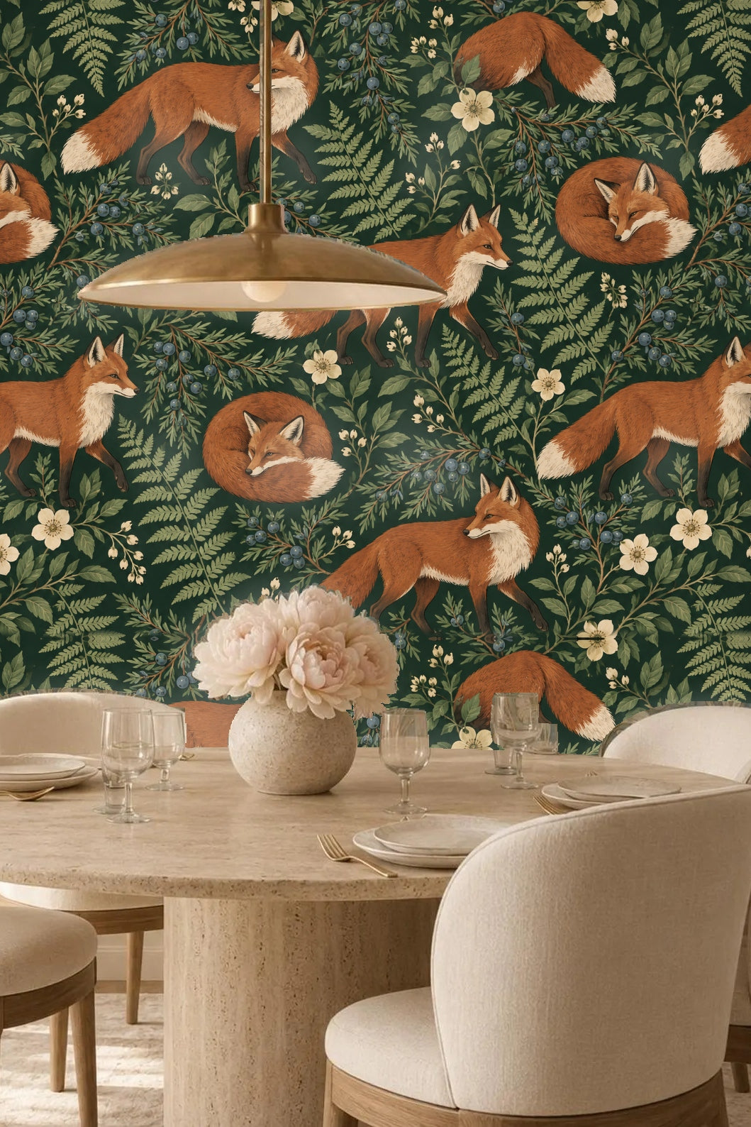 Standing foxes in a repeating wallpaper pattern with fine botanical line work