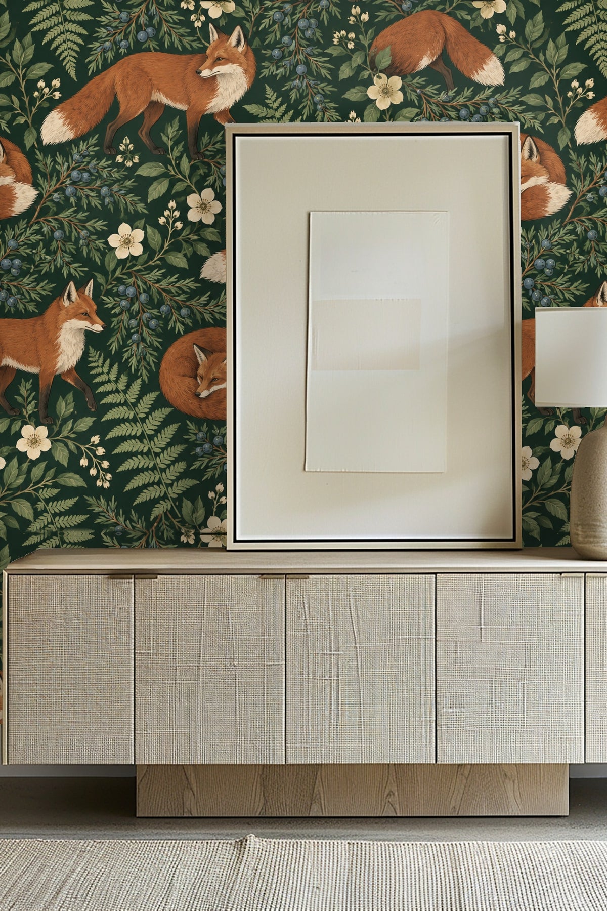 Fox lying curled among juniper branches and cream wildflowers in a detailed wallpaper pattern
