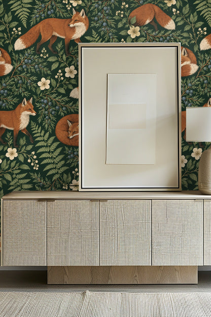 Fox lying curled among juniper branches and cream wildflowers in a detailed wallpaper pattern