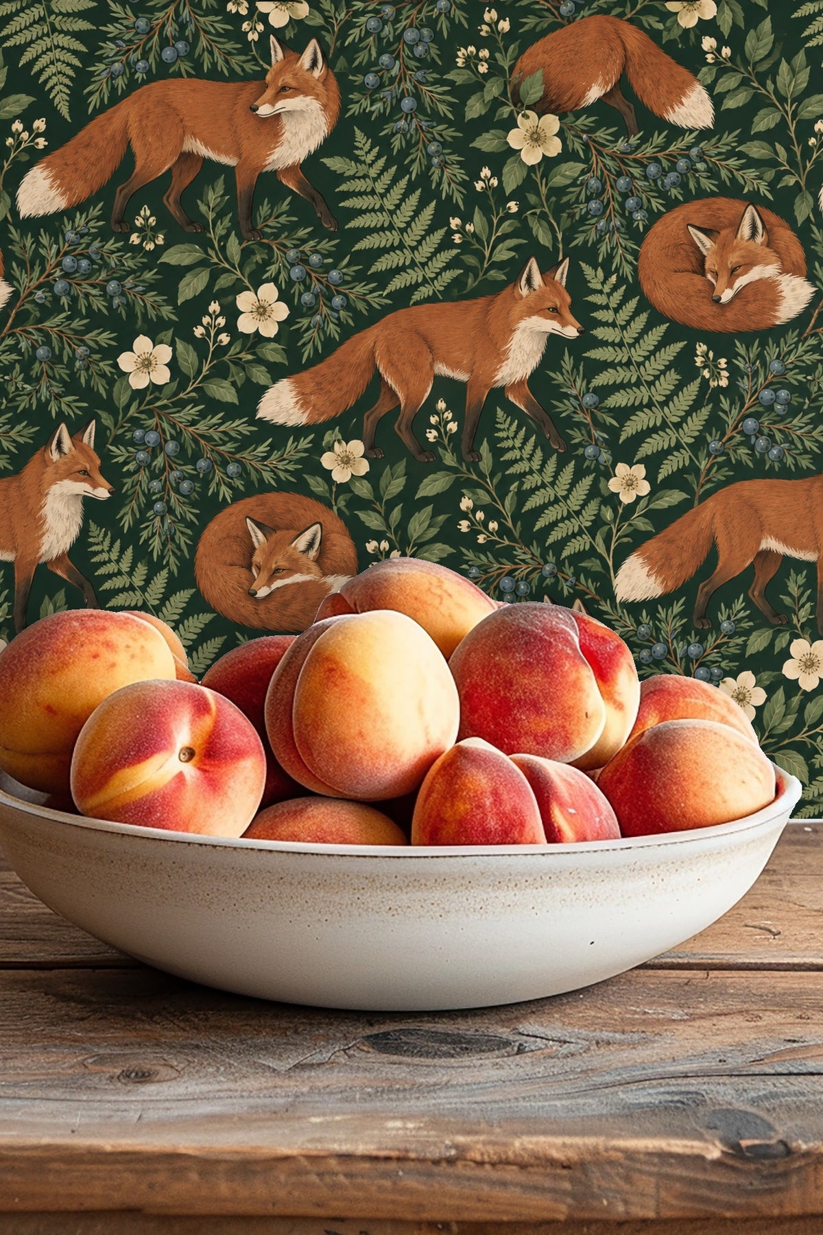 Vintage-style fox illustration with expressive eyes on dark green background