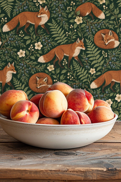 Vintage-style fox illustration with expressive eyes on dark green background