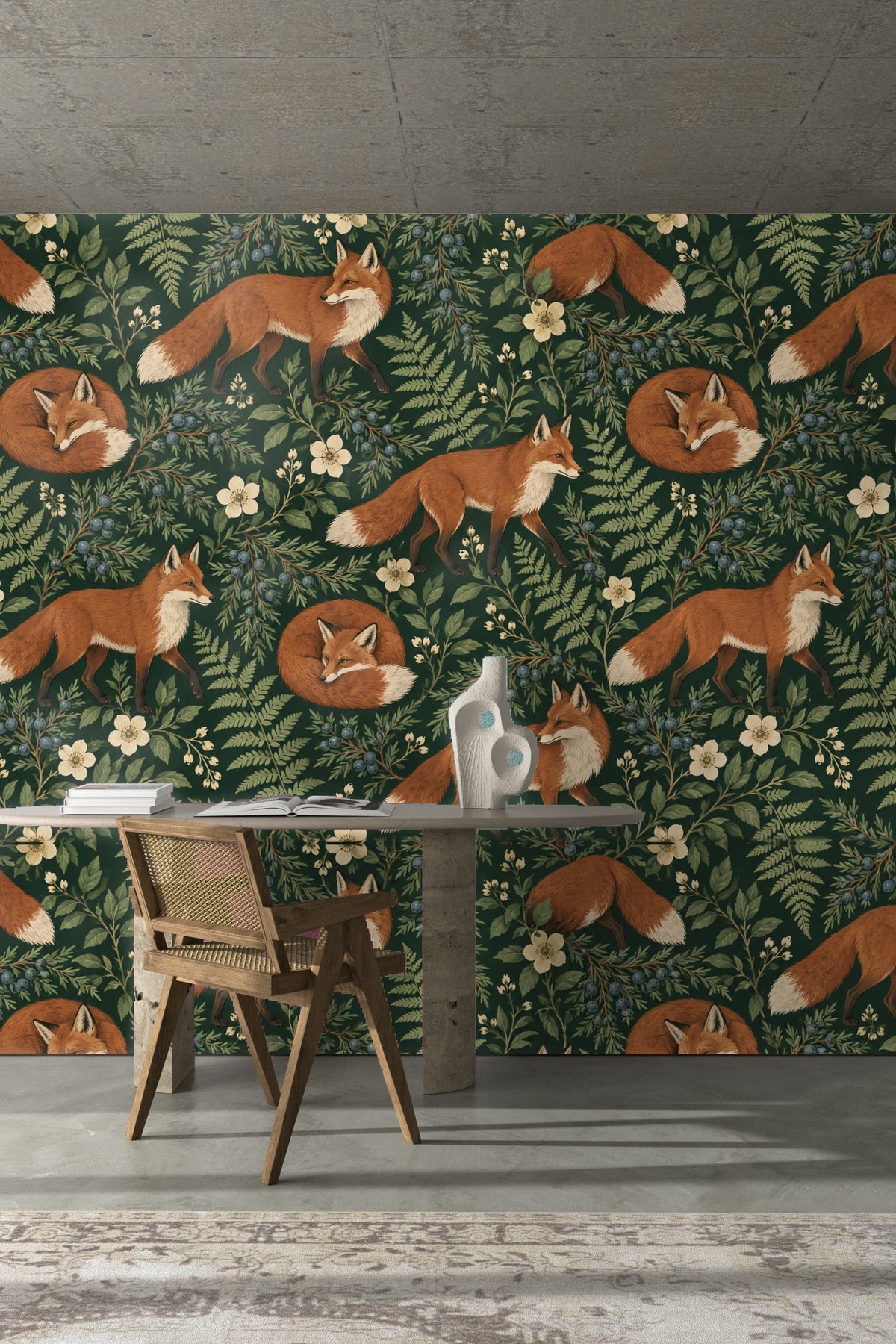 Cozy bedroom setting with warm wood tones accenting fox wallpaper