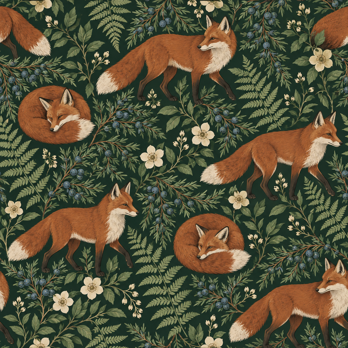 Fox looking alert as part of a repeating wallpaper design on a jewel green base
