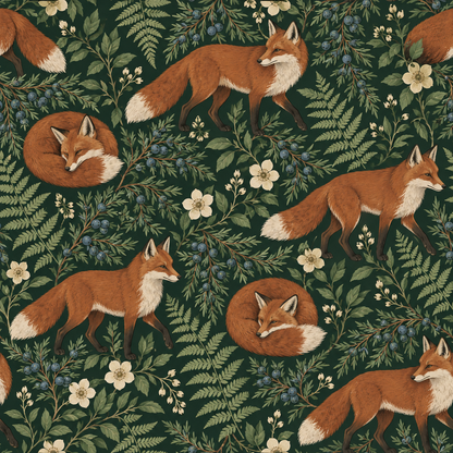 Fox looking alert as part of a repeating wallpaper design on a jewel green base