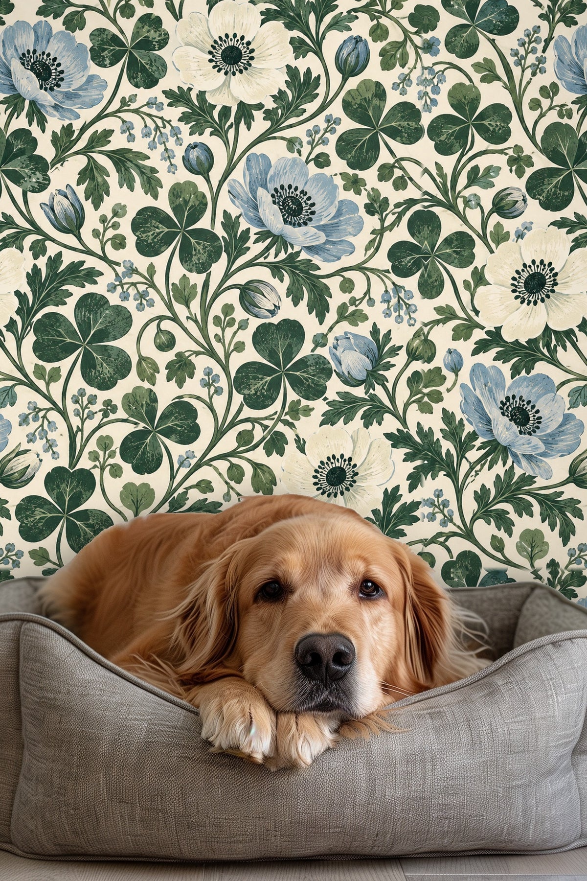 Wallpaper artwork showing blue and cream anemones with clover leaves on cream background.
