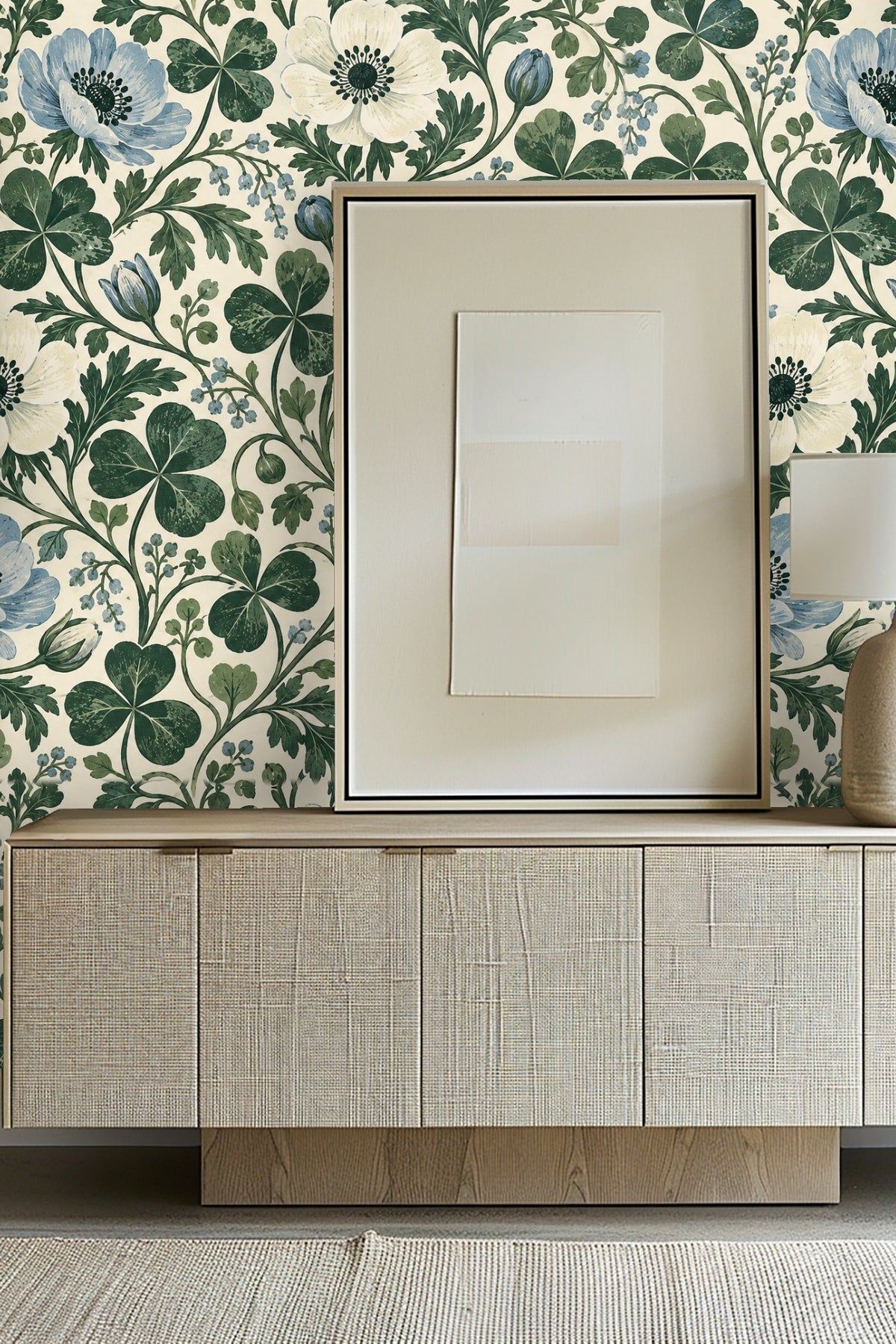 Naturalistic shadow and light play on wallpaper pattern.