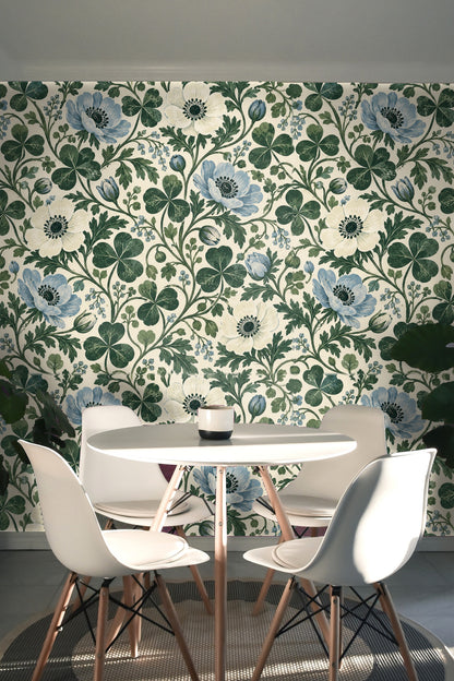 Wallpapered wall segment showcasing floral motif scale relative to room.