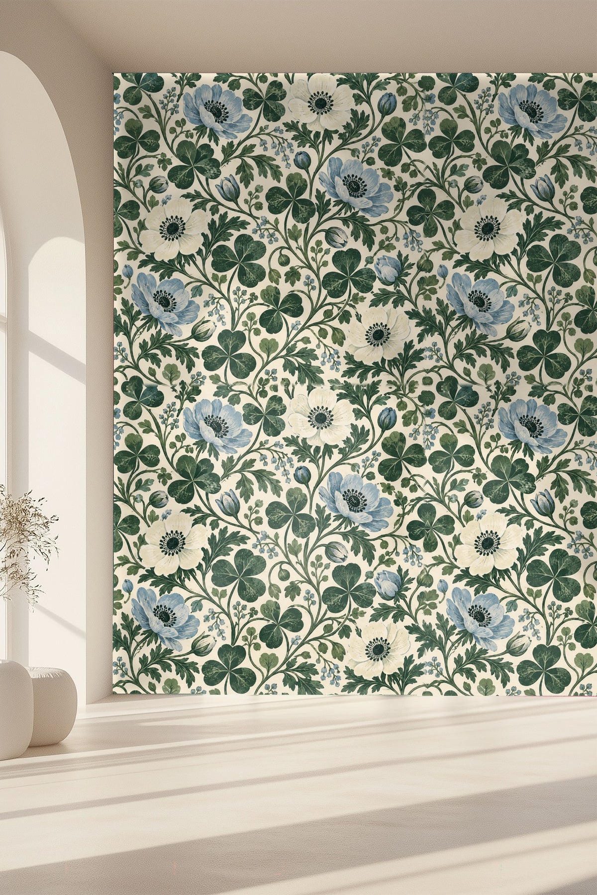 Living room corner with wallpaper and minimal furnishings.