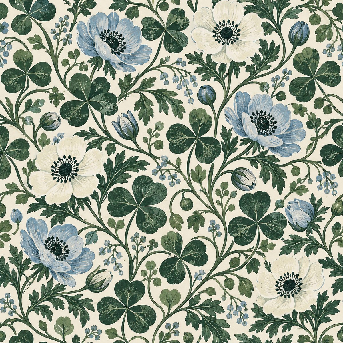 Pattern detail featuring intertwined stems and floral buds in blue and cream flora.