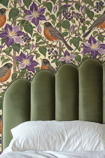 Rustic trellis branches painted with naturalistic shading in wallpaper artwork