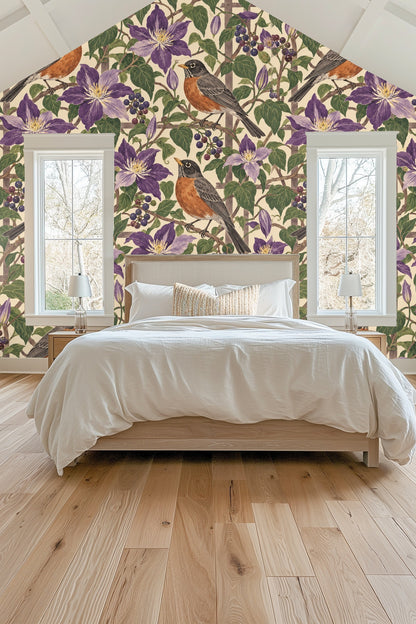 Entryway alcove wallpapered with violet clematis and robins on lattice, styled with rustic wood bench and neutral throw