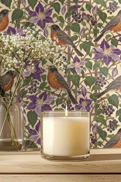 Wallpaper pattern featuring detailed robins perched on lattice with violet clematis and green foliage
