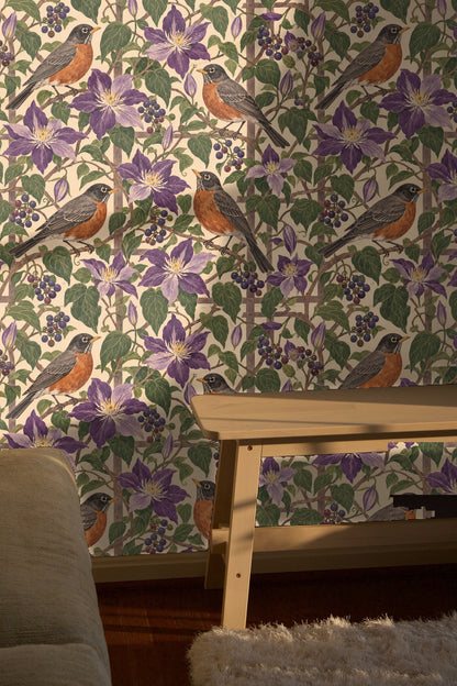 Full wallpaper motif of intertwined floral elements and birds creating a repeating pattern