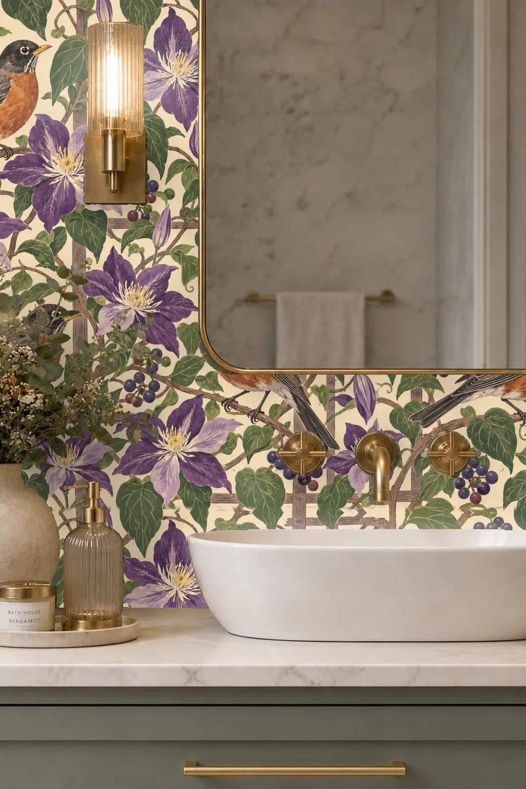 Lattice pattern intertwined with clematis vines and berries behind detailed birds
