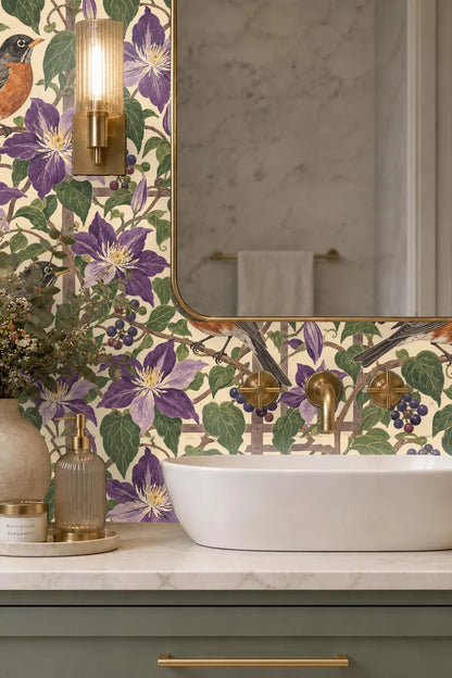 Lattice pattern intertwined with clematis vines and berries behind detailed birds