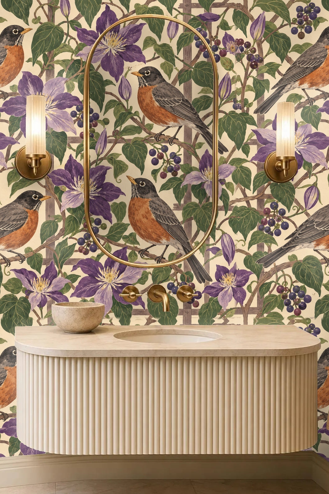 Clusters of dark purple berries and heart-shaped green leaves surround blooming clematis in wallpaper