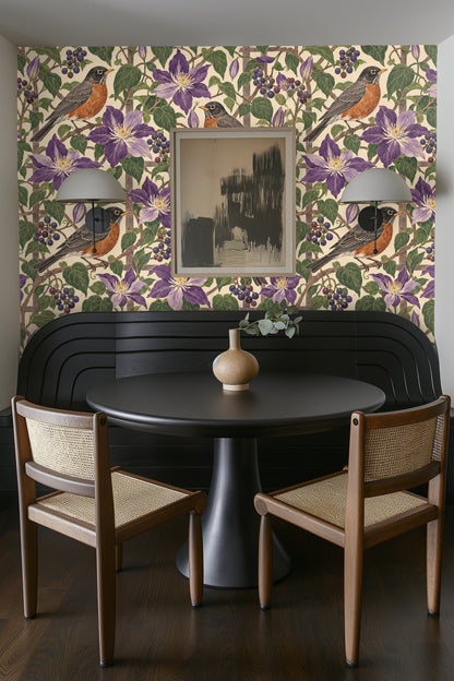 Birds and flowers wallpaper detail showing painterly brush strokes on leaves and petals