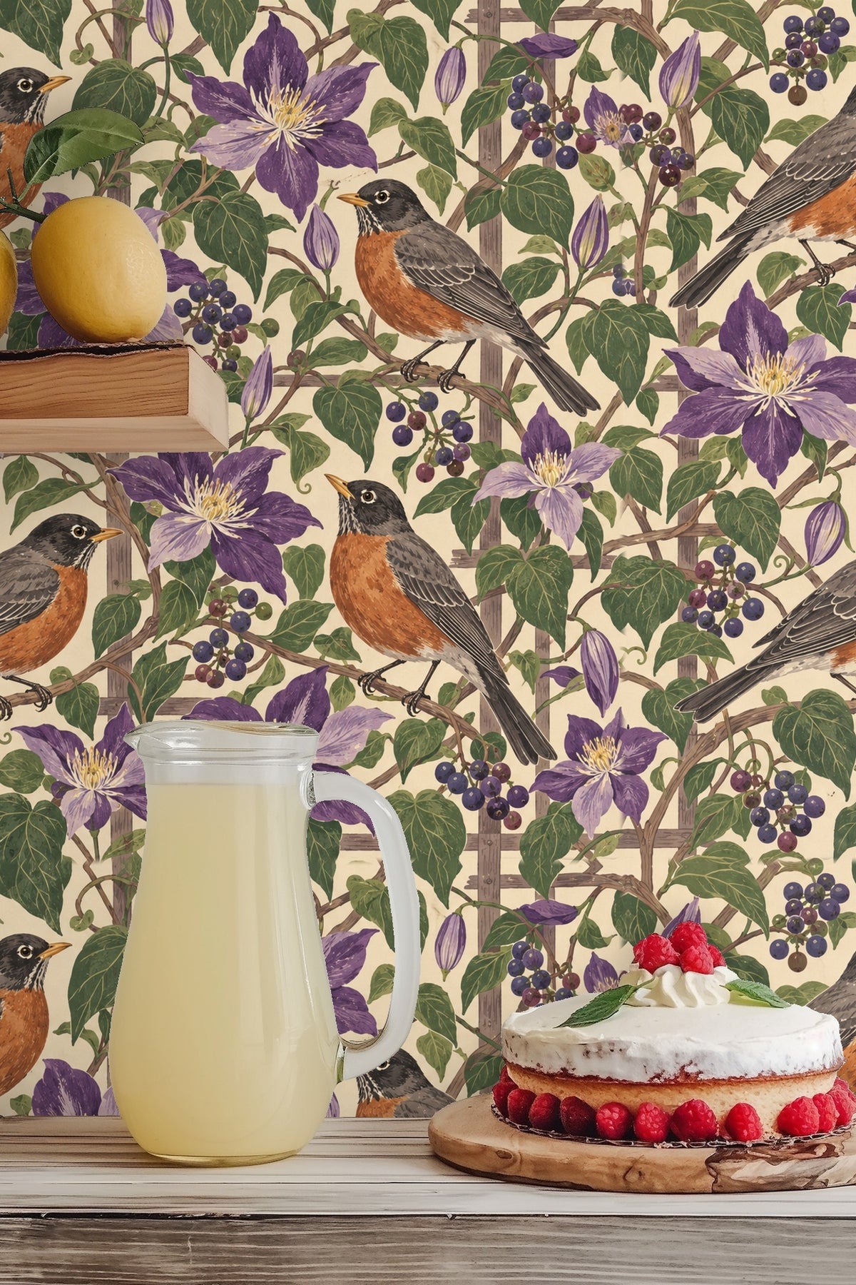 Decorative wallpaper with botanical trellis and bird motif in natural colors