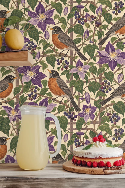 Decorative wallpaper with botanical trellis and bird motif in natural colors
