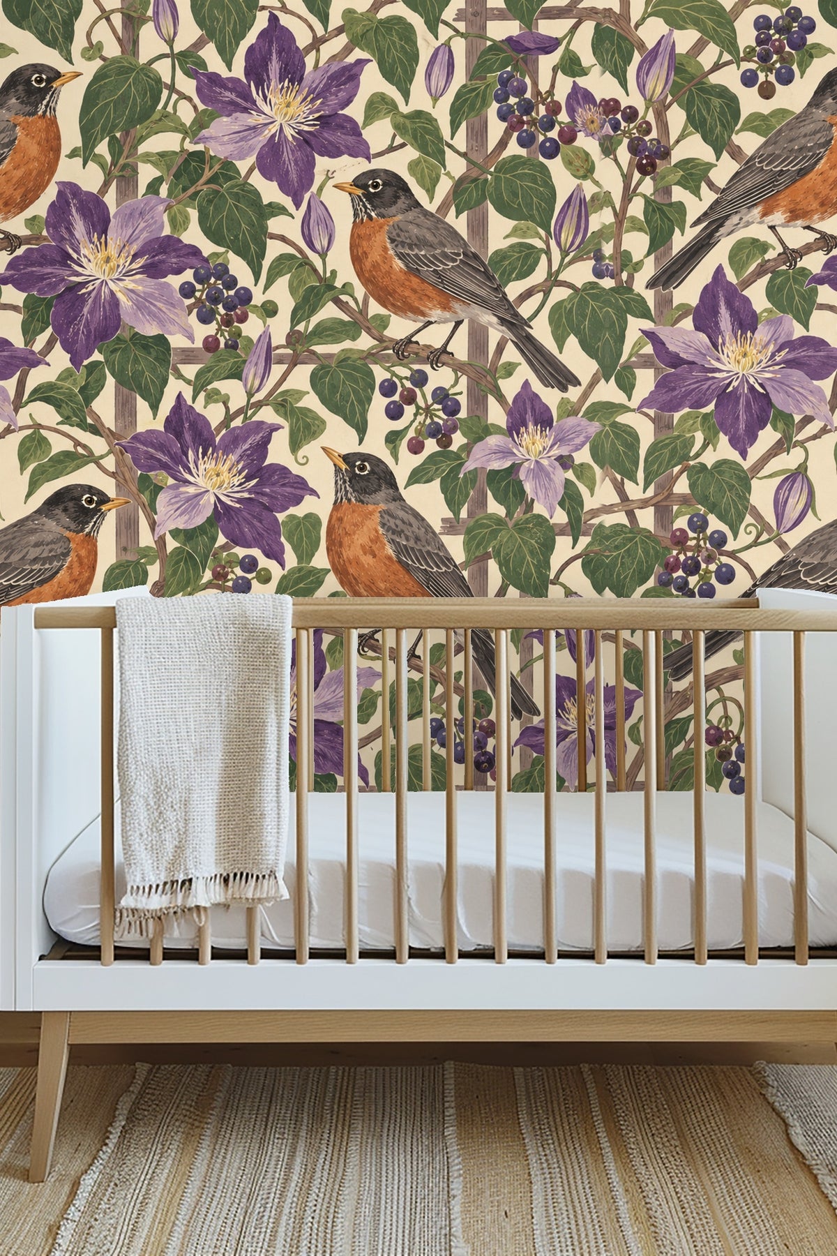 Four robins perched among purple clematis and green leaves over beige lattice backdrop