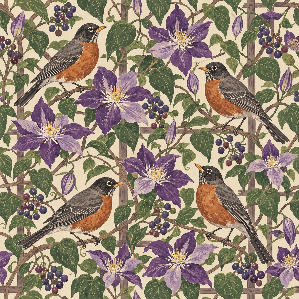 Pattern composition showing balanced distribution of robins, flowers, and leaves
