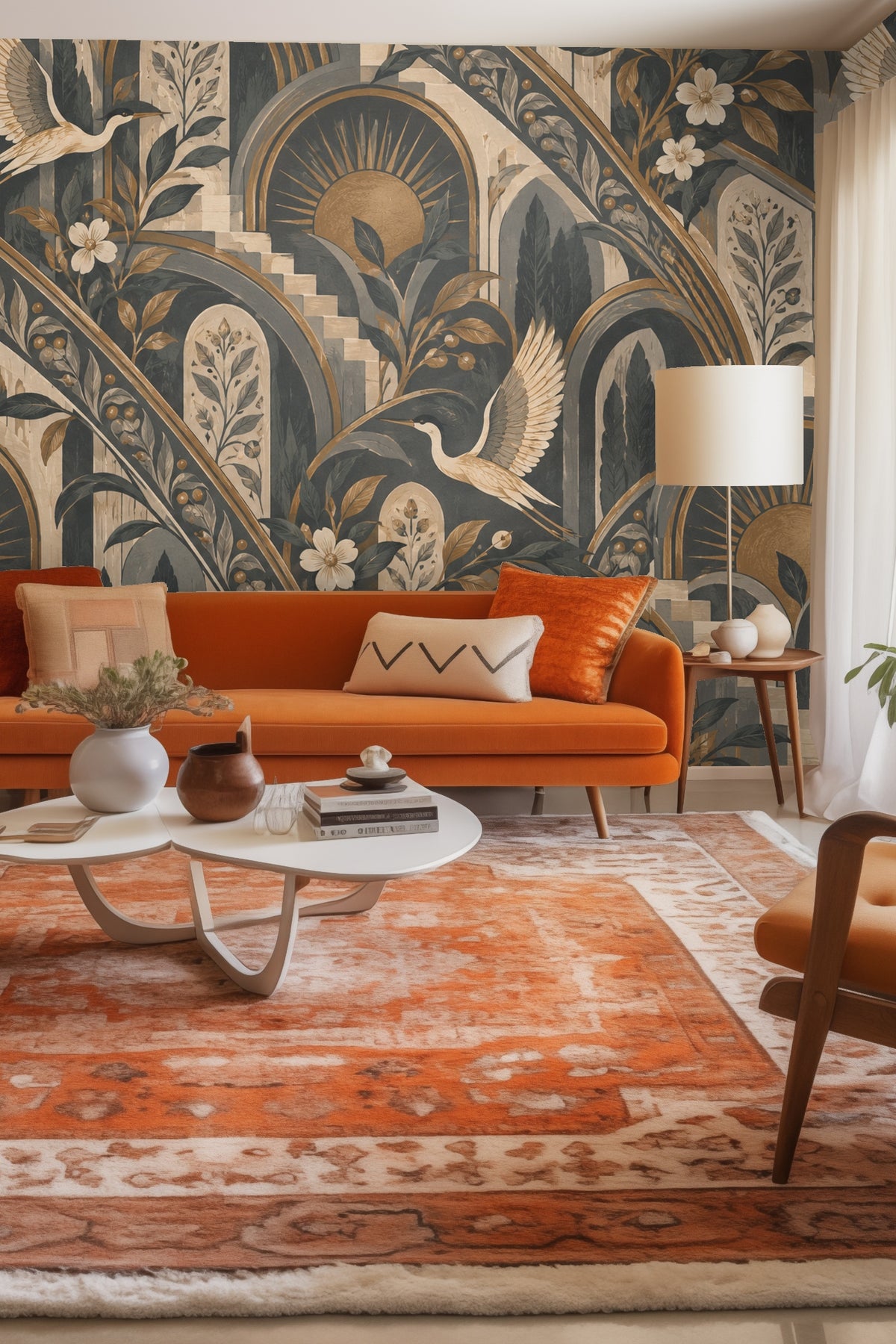 Close-up of Bronze Solaris Arches wallpaper artwork showing cranes flying amid floral and arch motifs in bronze and navy tones