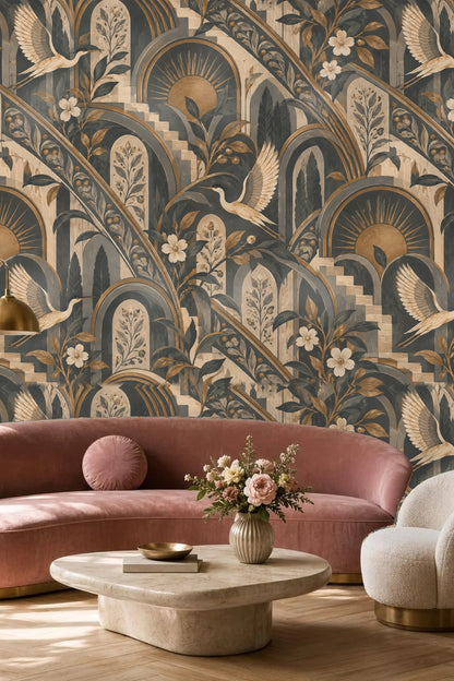 Floral blooms in cream and bronze against navy leaves and archways