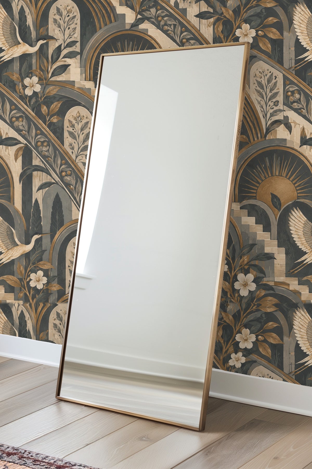 Pattern repeat showing layered arch forms with botanical elements