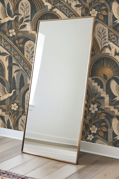 Pattern repeat showing layered arch forms with botanical elements