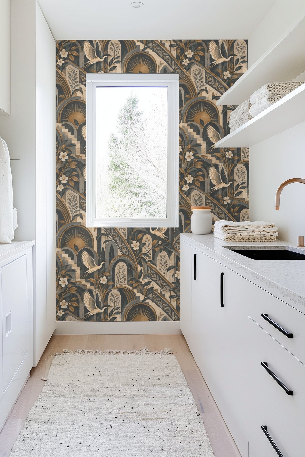 Sun motifs framed by stair-step arches in warm bronze and cream hues