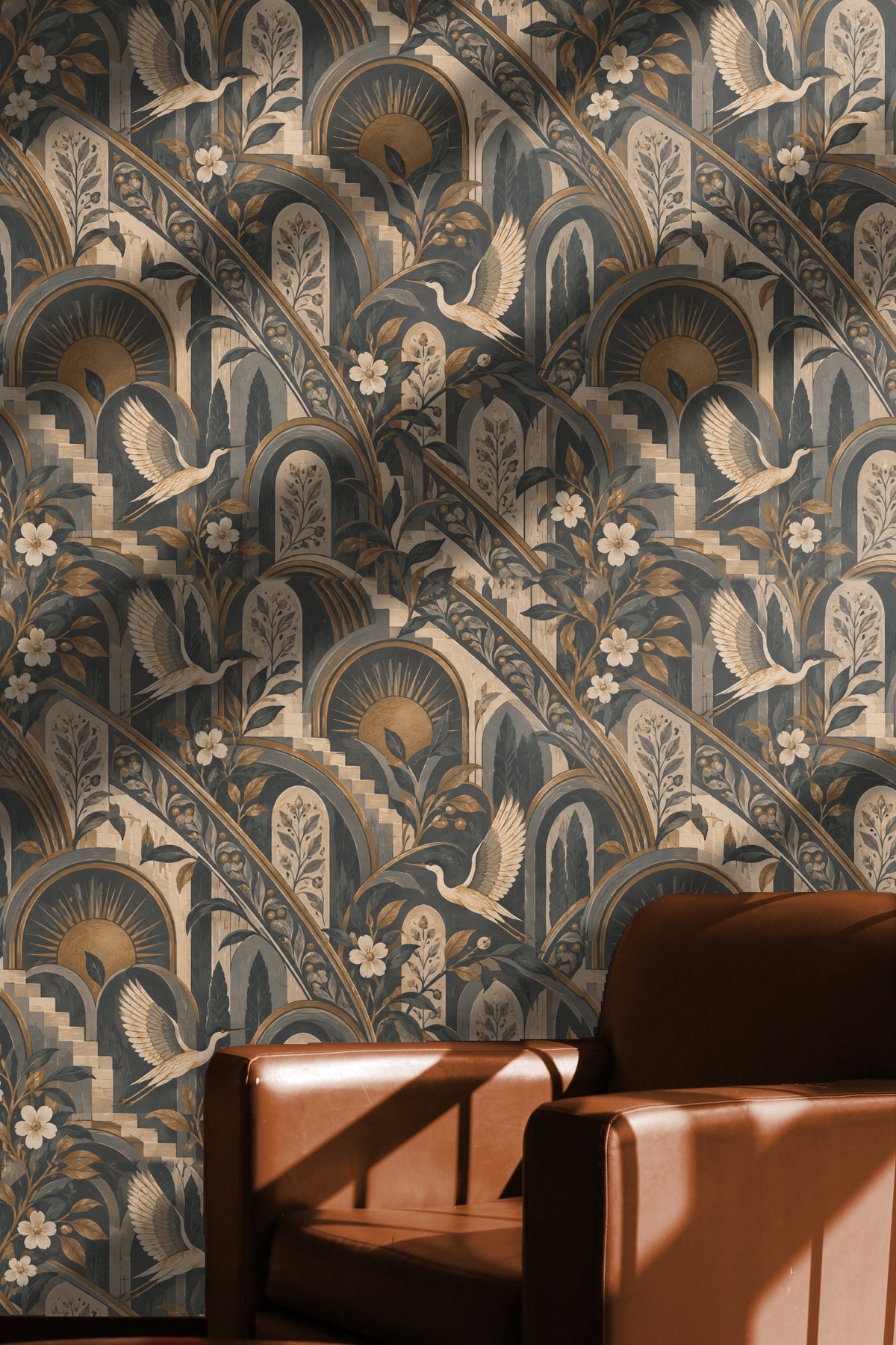 Contrast between the wallpaper's dark navy areas and bright bronze highlights