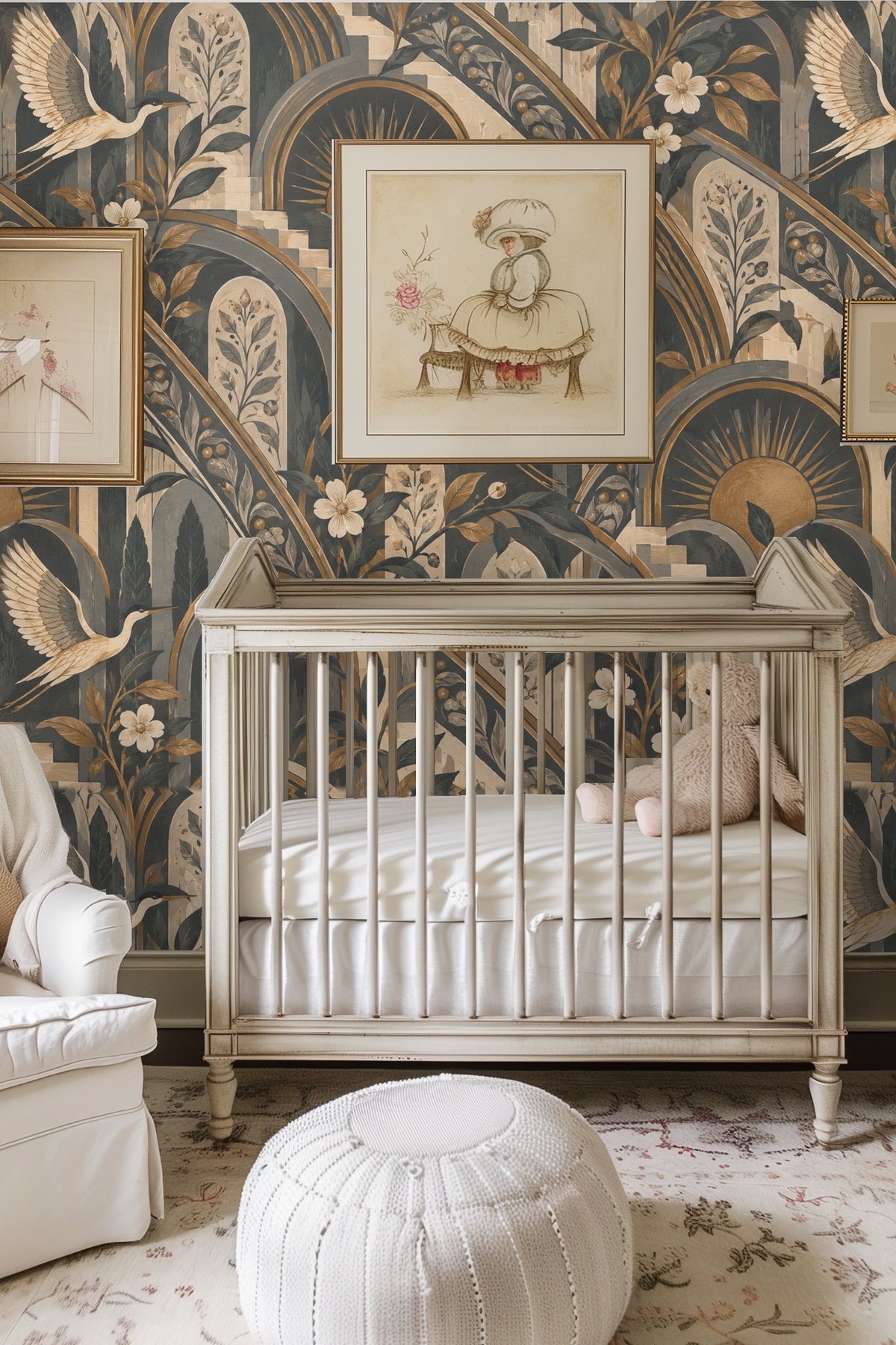 Detail of crane wings and floral branches in the wallpaper artwork
