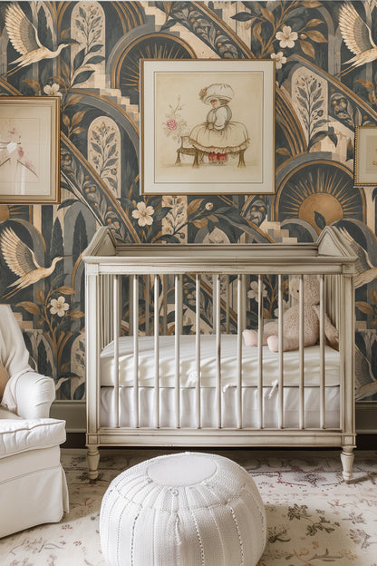 Detail of crane wings and floral branches in the wallpaper artwork