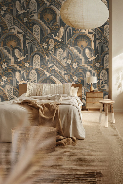 Wide shot of wallpaper showing the layered stair-step pattern with plant motifs