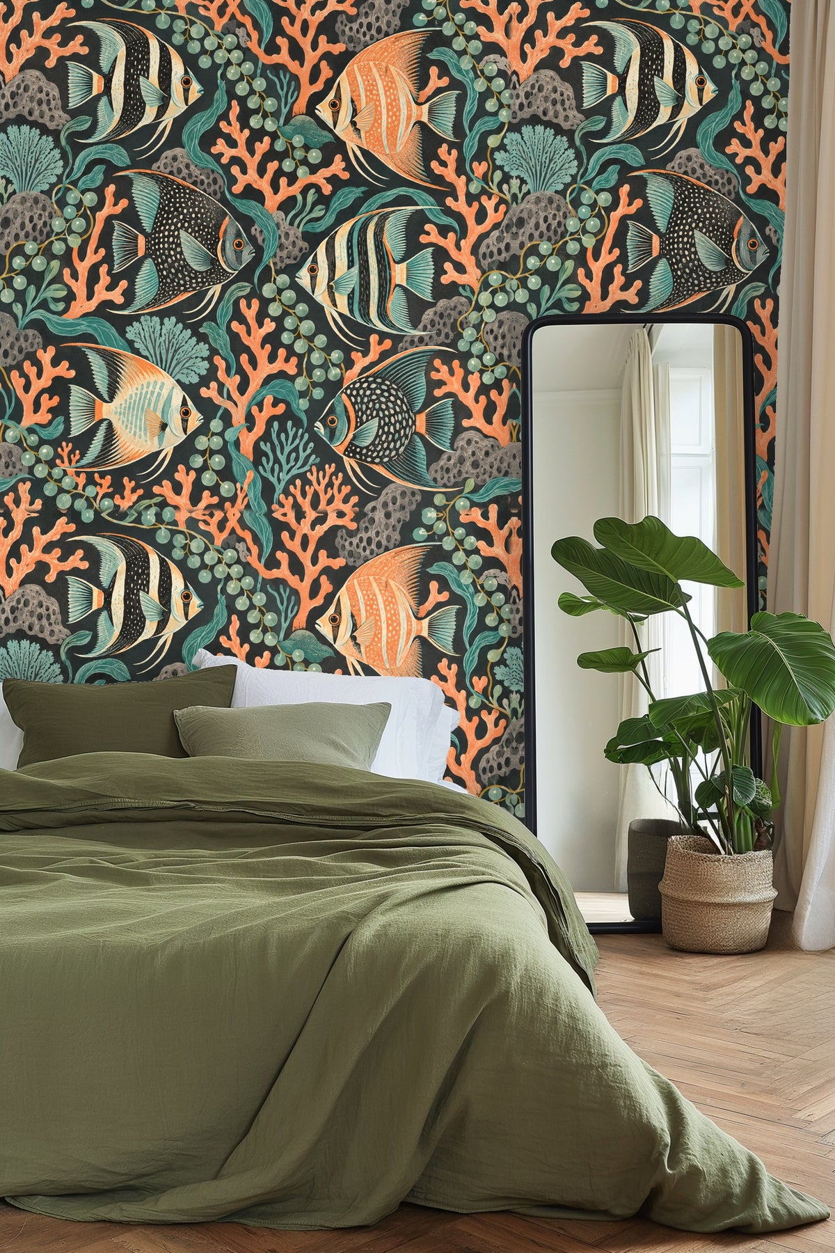 Living room wall with Puzzle Reef Chorus wallpaper behind cream sofa and pillows