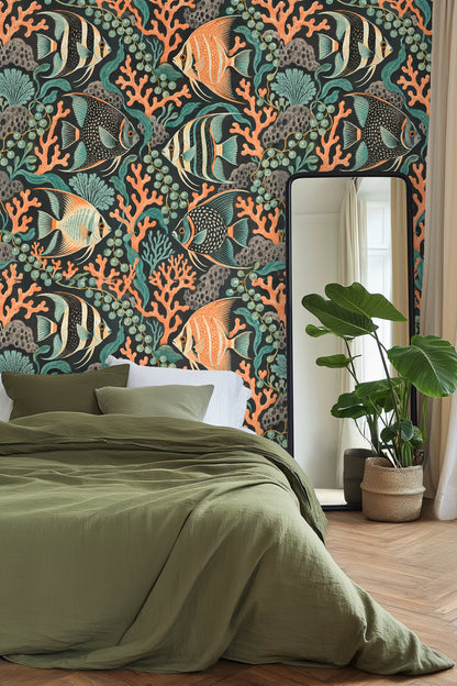 Living room wall with Puzzle Reef Chorus wallpaper behind cream sofa and pillows