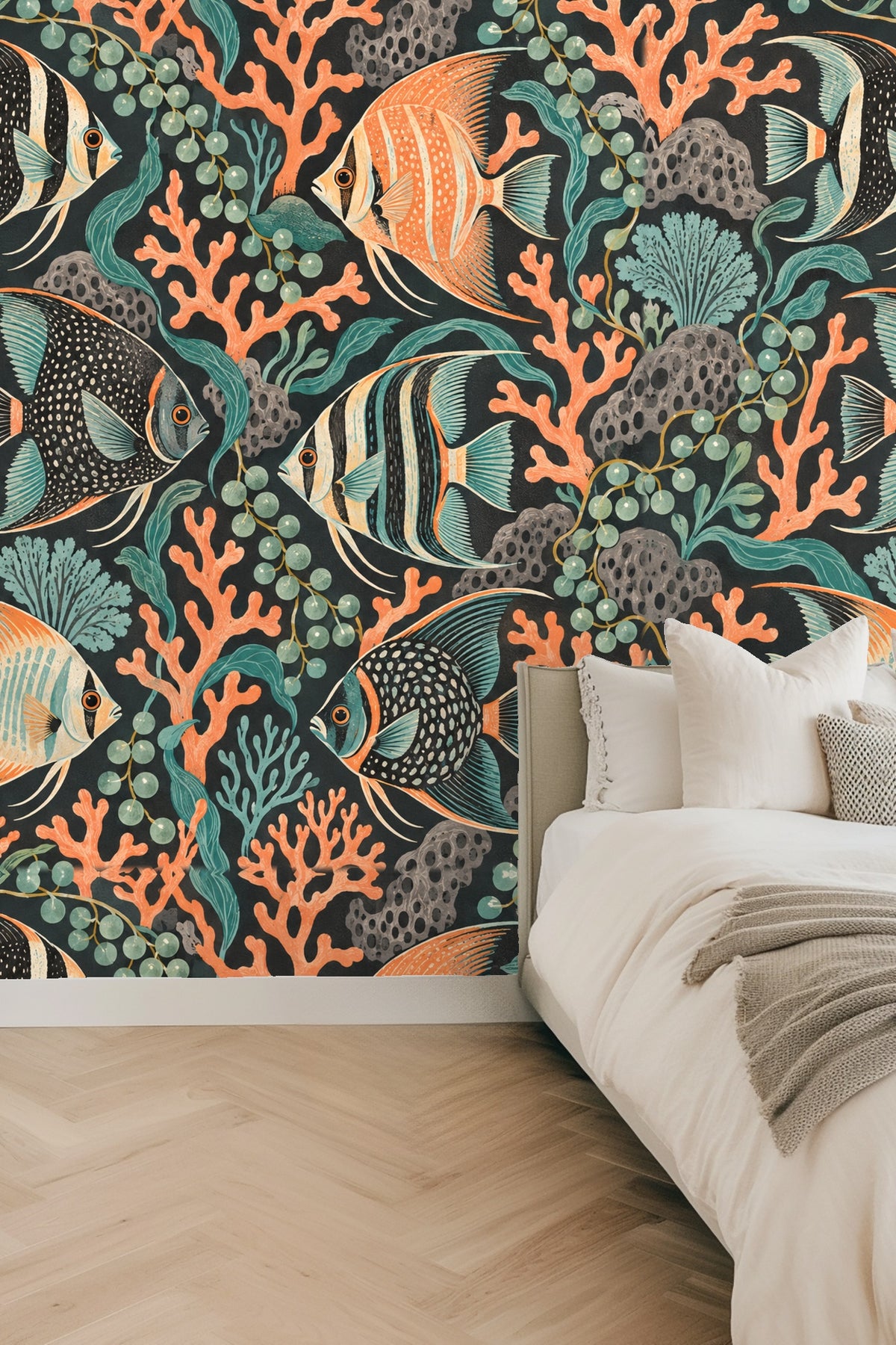 Coral motif clusters in bright orange among teal seaweed on dark background