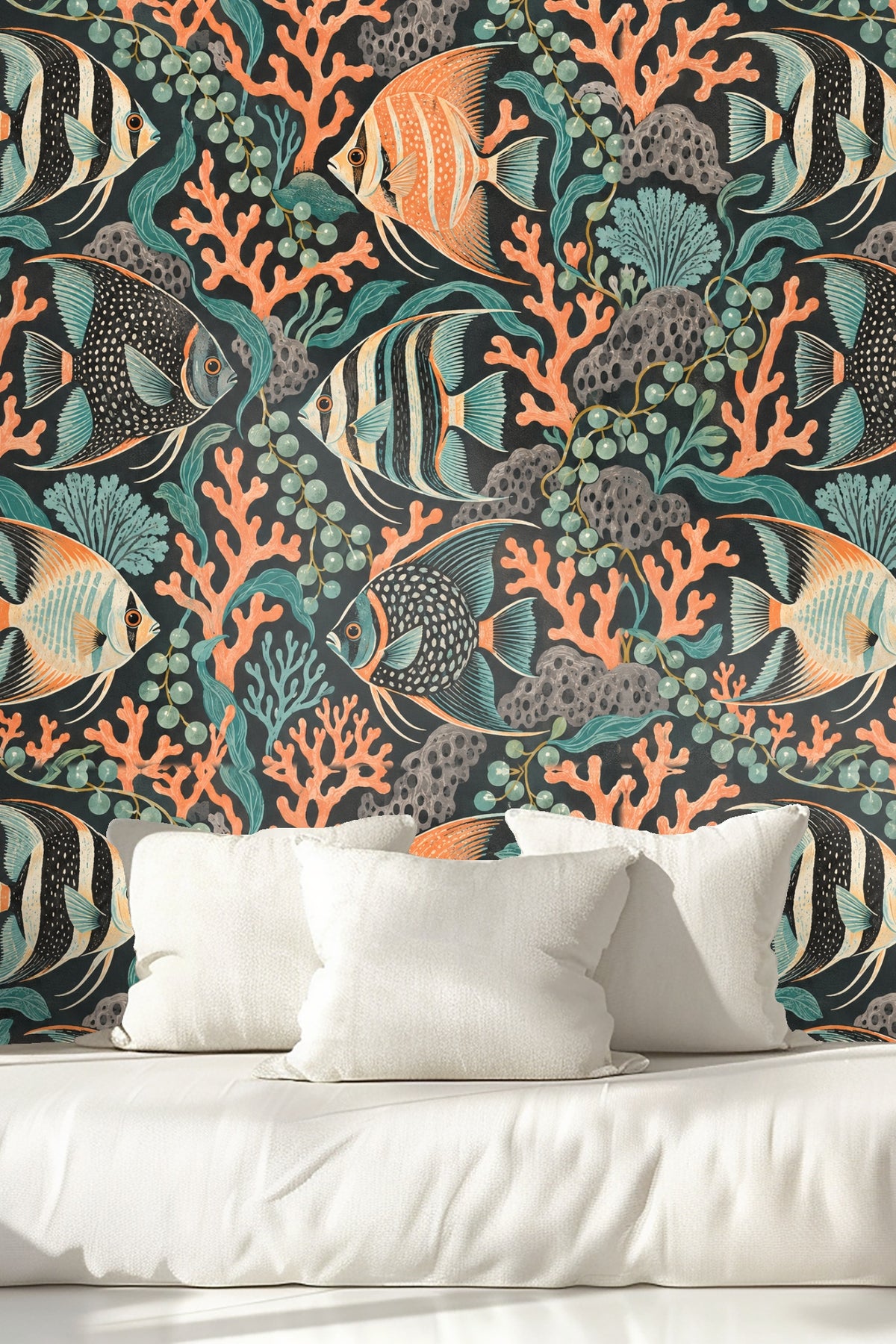 Fish fins and tails with delicate linework in Puzzle Reef Chorus design