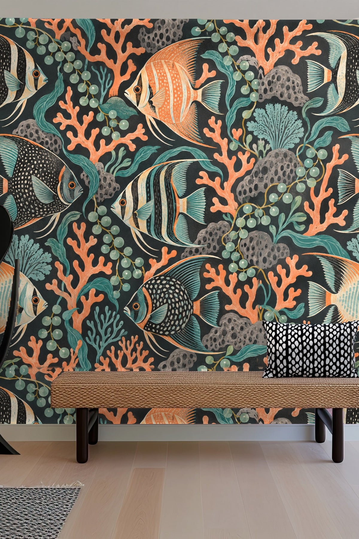 Fragment of striped orange and cream angelfish against coral reef in Puzzle Reef Chorus wallpaper