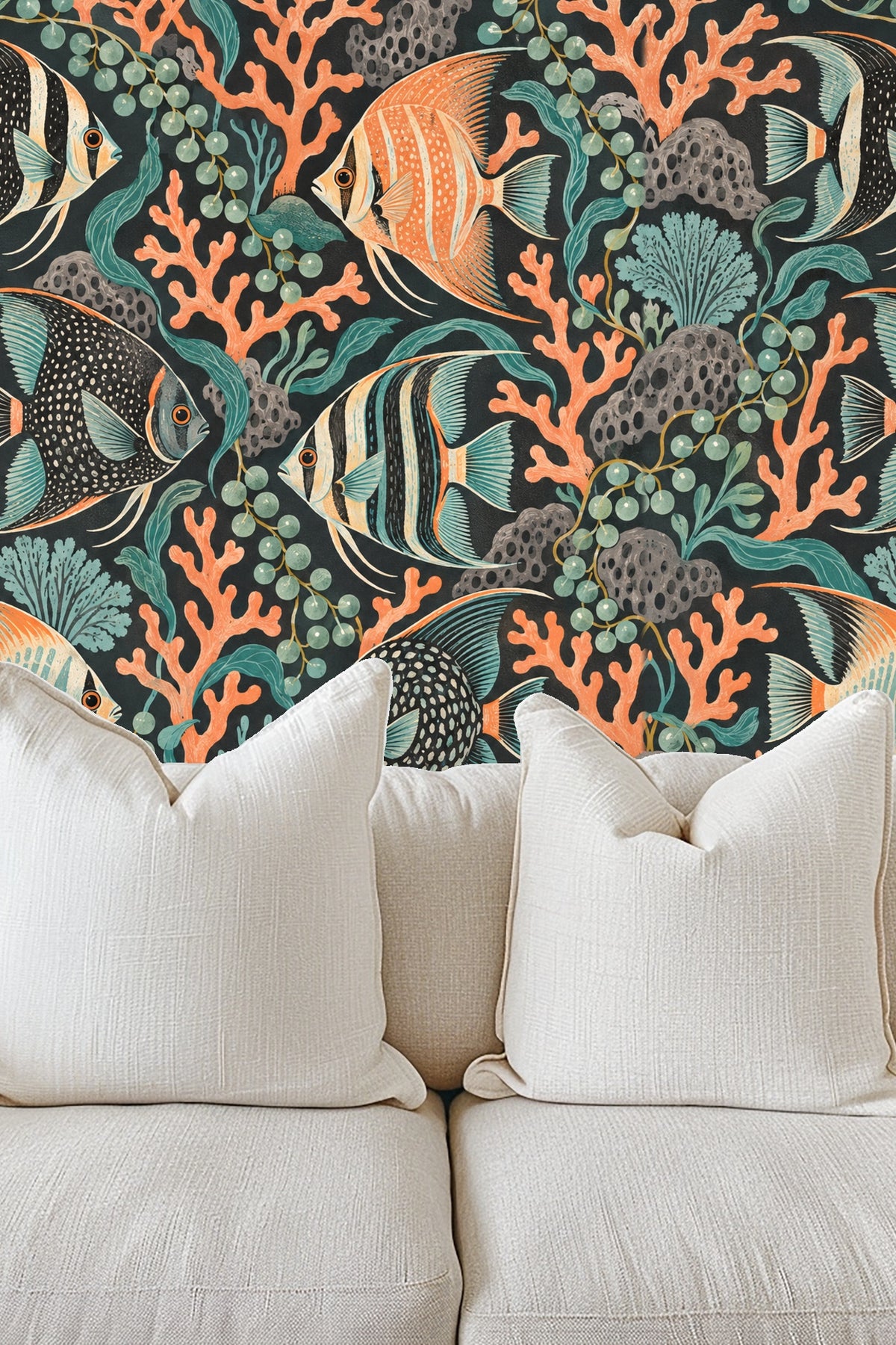 Bedroom wall with Puzzle Reef Chorus wallpaper behind an iron headboard and white bedding