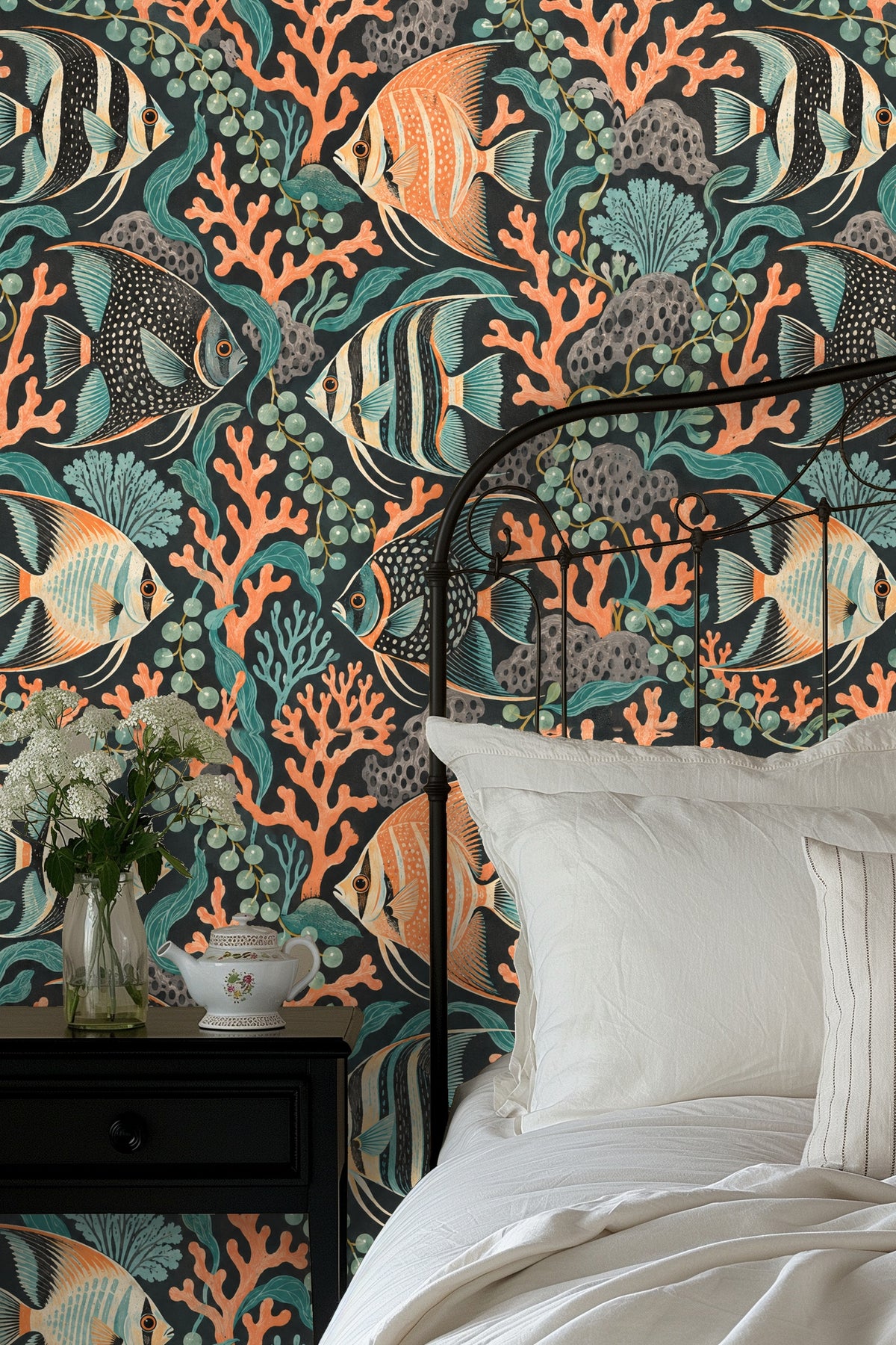 Close-up of Puzzle Reef Chorus wallpaper showing angelfish and coral pattern in orange and teal
