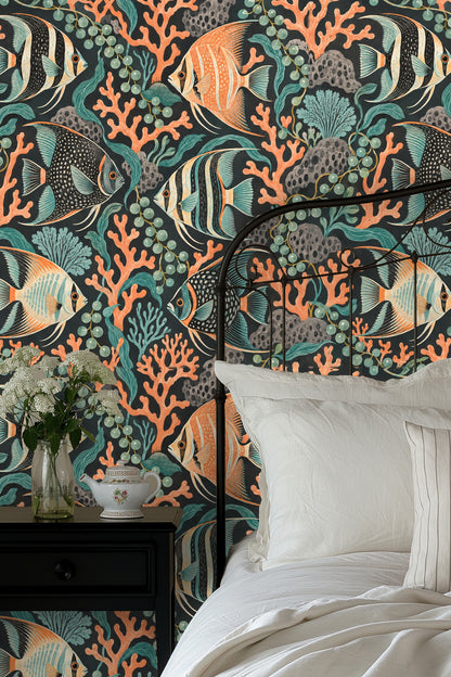 Close-up of Puzzle Reef Chorus wallpaper showing angelfish and coral pattern in orange and teal