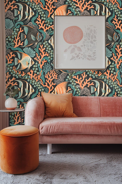 Teal eucalyptus-like leaves interspersed with coral patterns in wallpaper