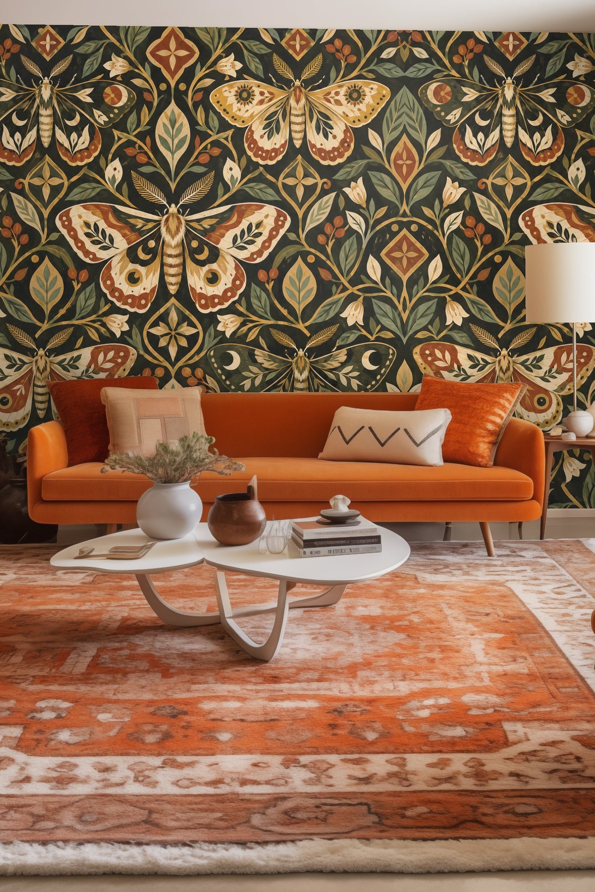 Golden Mosaic Moths wallpaper repeat pattern showing moths, leaves, and geometric tiles