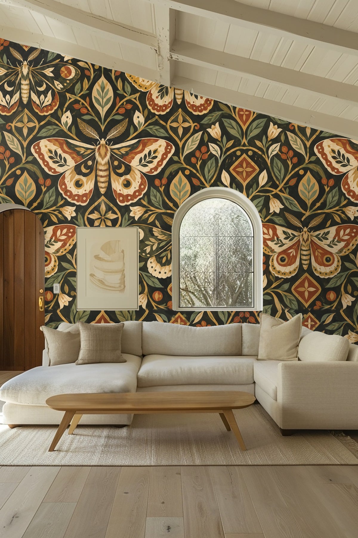 Bedroom interior featuring green bedframe and Golden Mosaic Moths wallpaper with stylized moths and foliage