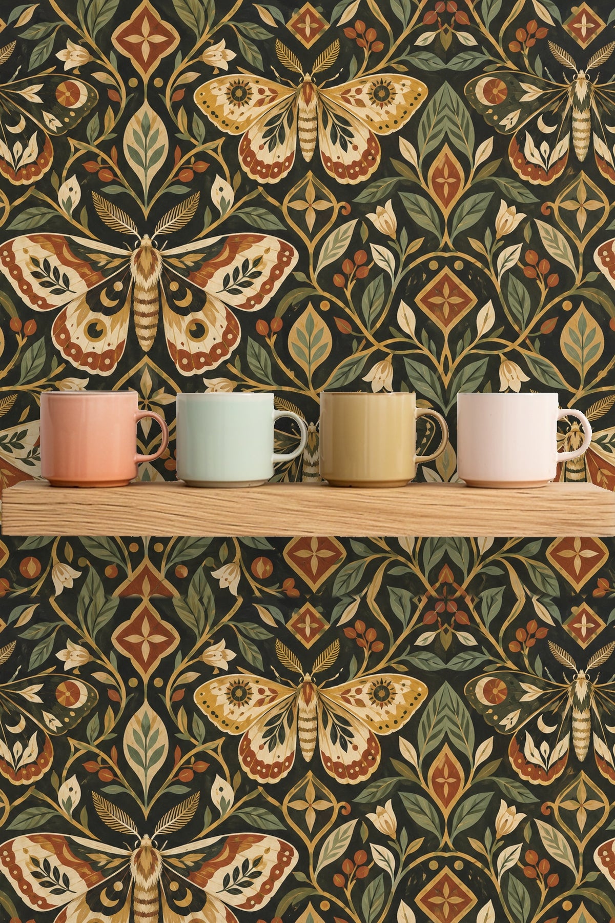 Close-up of leaf and flower motifs in mosaic style from wallpaper pattern