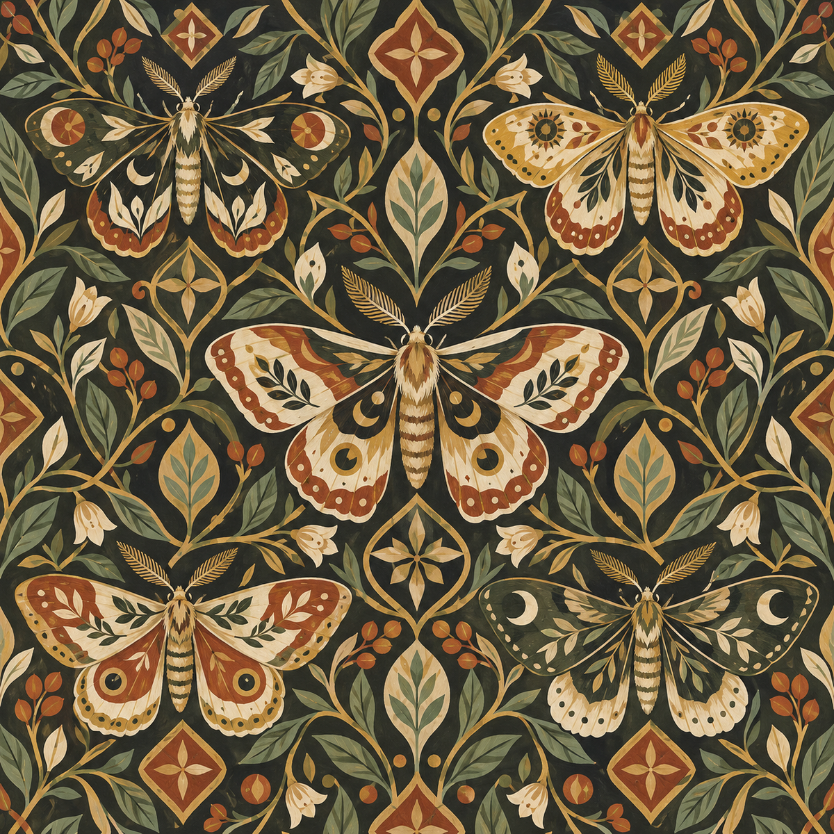 Muted color palette tiles complementing moth and botanical motifs