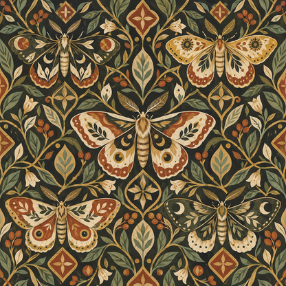 Muted color palette tiles complementing moth and botanical motifs