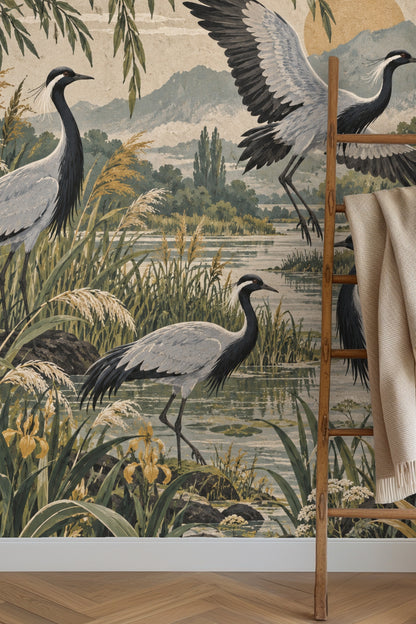 Close-up of elegant cranes in riverbank mural artwork showing detailed feathers and vegetation