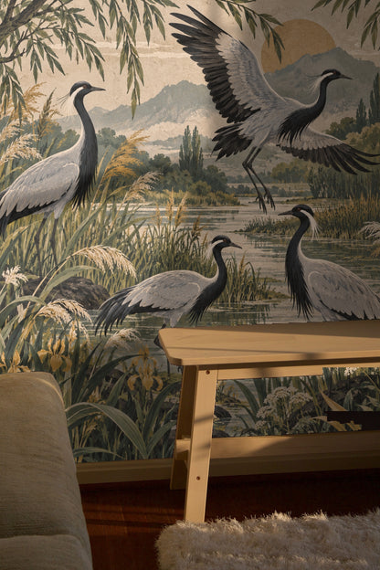 Crane’s feather texture contrasted with rippling water in mural